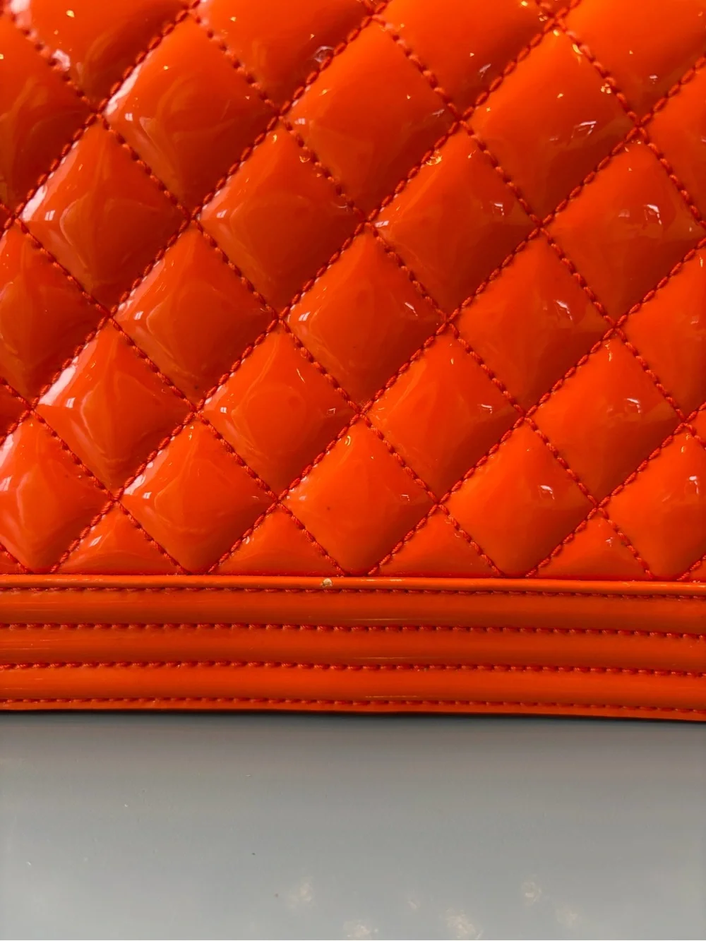 CHANEL Orange Quilted Patent Leather Crossbody Boy Bag